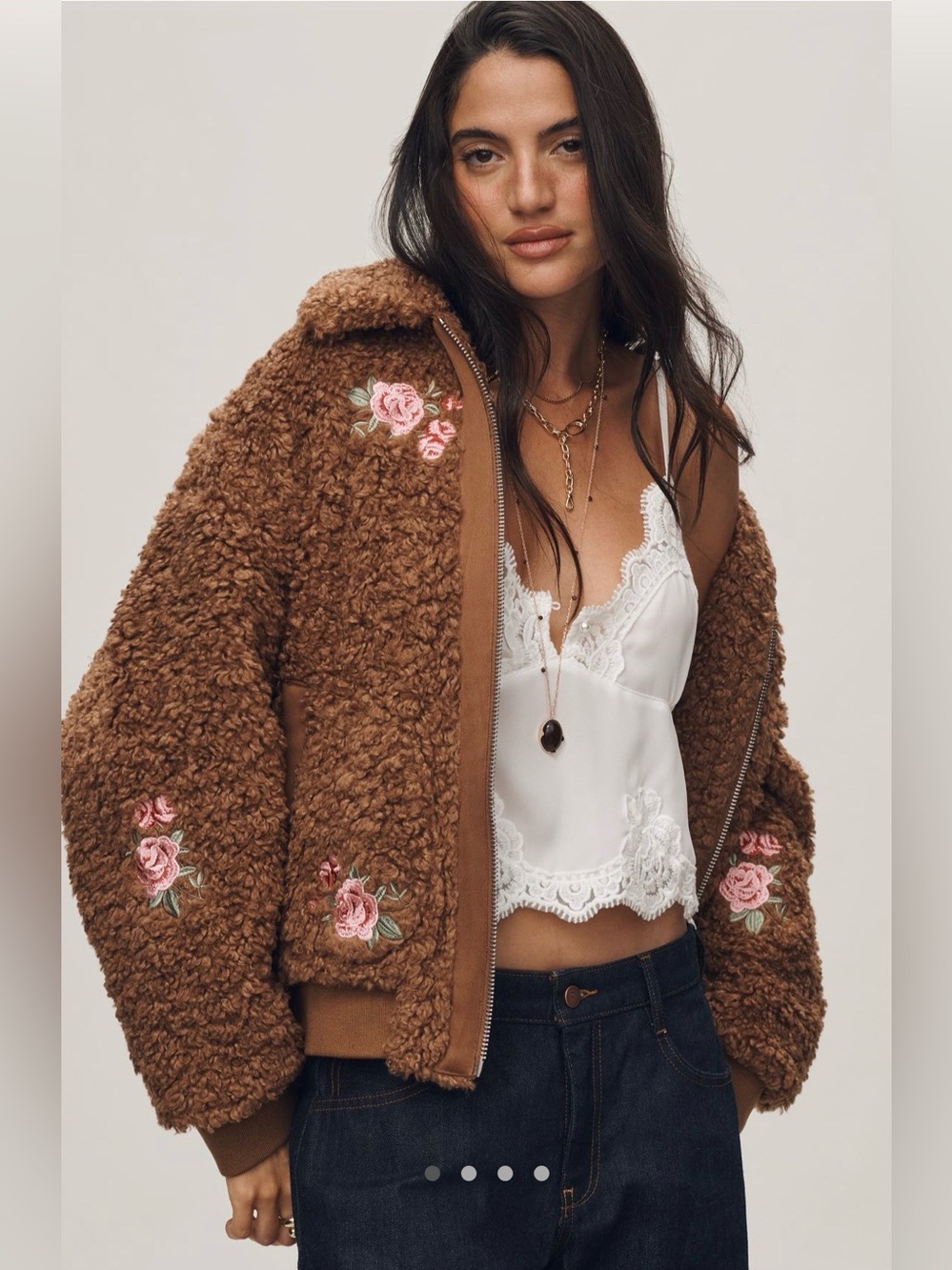 Anthropologie Floral Embroidered Sherpa Bomber Jacket